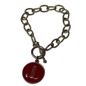 Junior League Silver Tone Red Enamel Logo Charm Toggle Bracelet Vintage F17-28